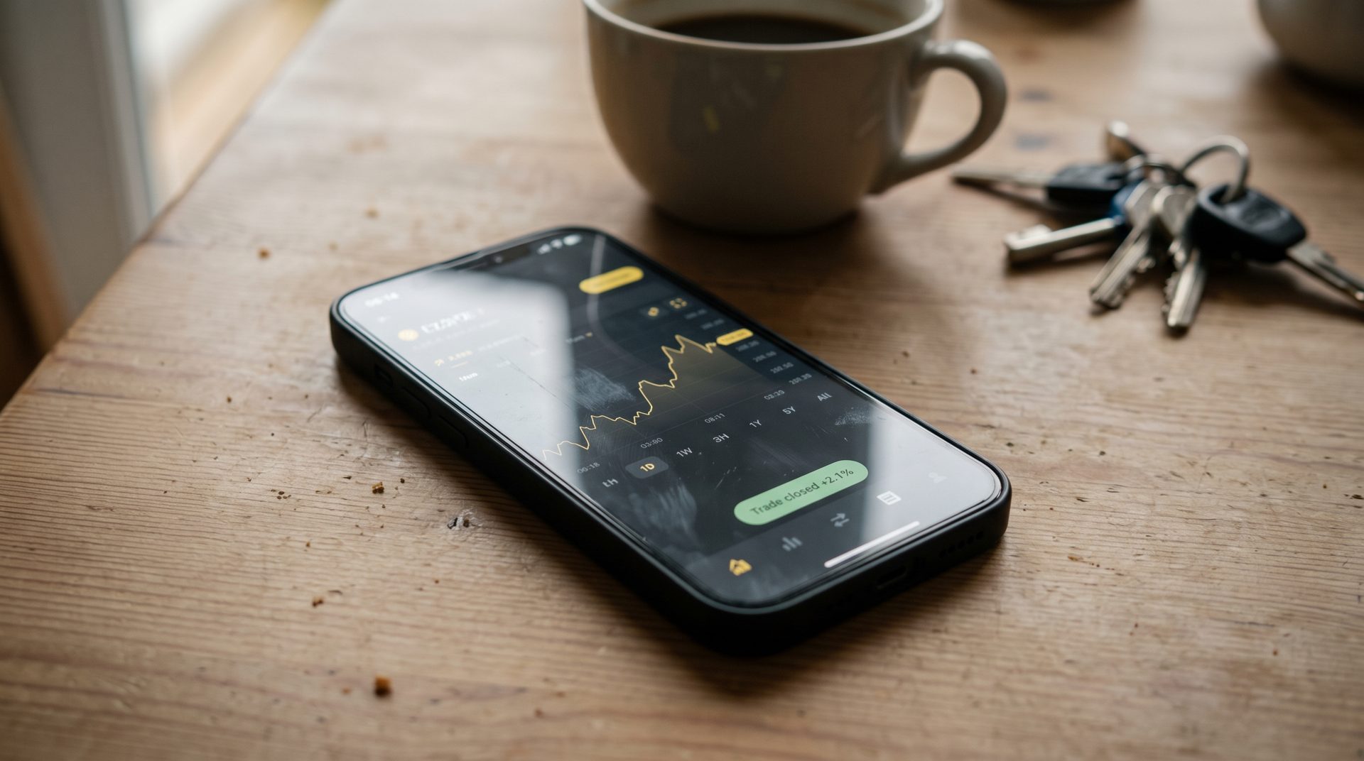 A phone on a wooden table showing a trade closing in the app